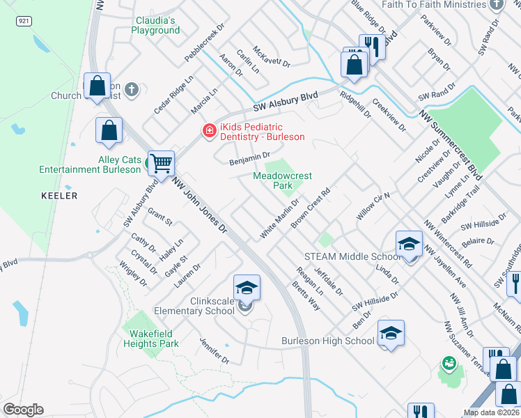 map of restaurants, bars, coffee shops, grocery stores, and more near 717 Flounder Drive in Burleson