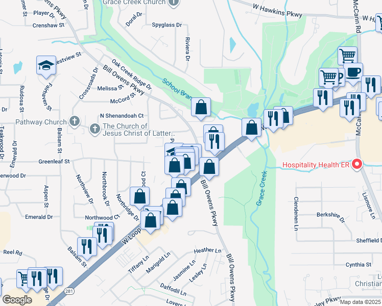map of restaurants, bars, coffee shops, grocery stores, and more near 2801 Bill Owens Parkway in Longview