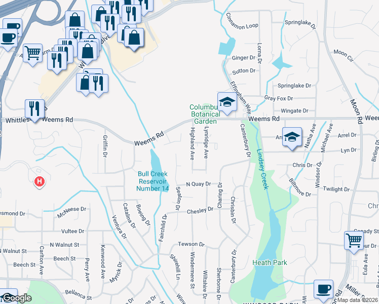 map of restaurants, bars, coffee shops, grocery stores, and more near 6235 Highland Avenue in Columbus