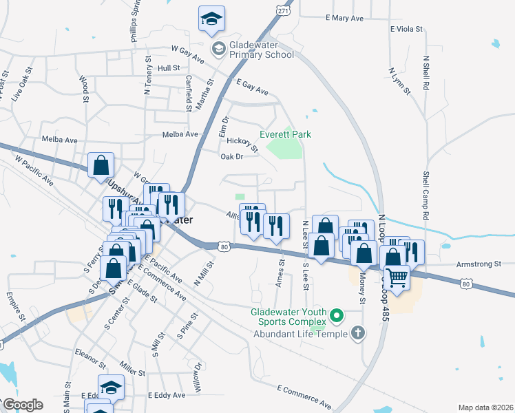 map of restaurants, bars, coffee shops, grocery stores, and more near 605 Daniel in Gladewater