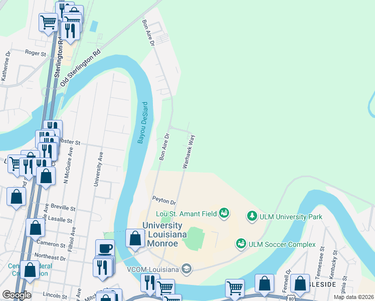 map of restaurants, bars, coffee shops, grocery stores, and more near 801 Warhawk Way in Monroe
