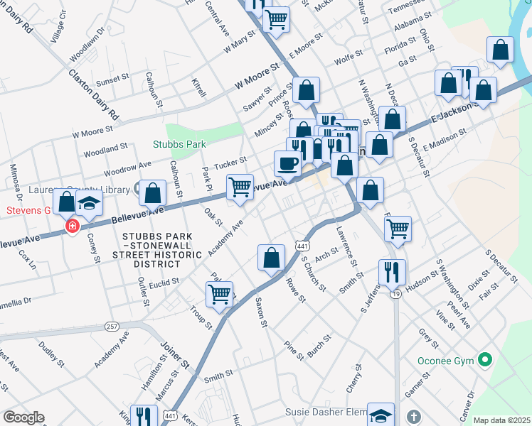 map of restaurants, bars, coffee shops, grocery stores, and more near 505 Academy Avenue in Dublin