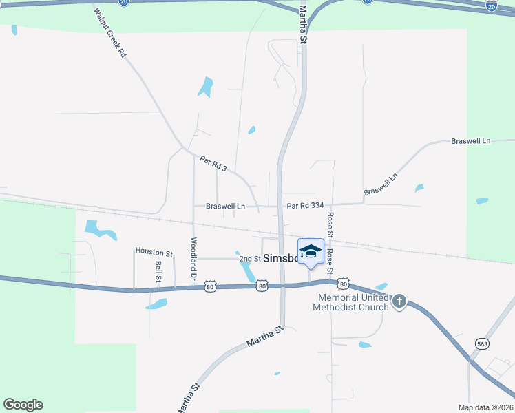 map of restaurants, bars, coffee shops, grocery stores, and more near 107 Walnut Creek Road in Simsboro