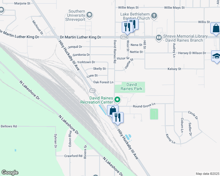 map of restaurants, bars, coffee shops, grocery stores, and more near 1674 David Raines Road in Shreveport