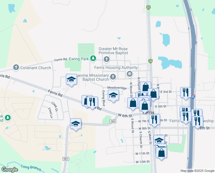 map of restaurants, bars, coffee shops, grocery stores, and more near 629 Meadowridge Drive in Ferris