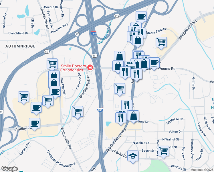 map of restaurants, bars, coffee shops, grocery stores, and more near 6401 West Hamilton Park Road in Columbus