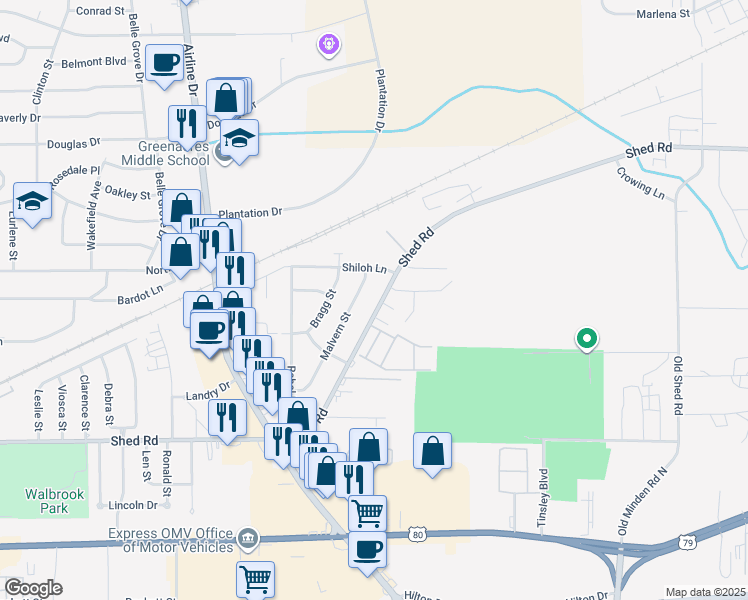 map of restaurants, bars, coffee shops, grocery stores, and more near 3135 Shed Road in Bossier City