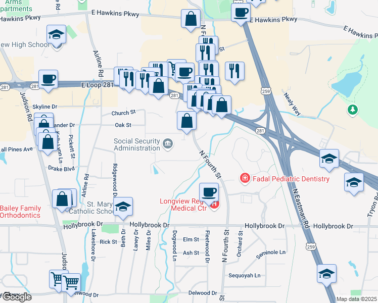 map of restaurants, bars, coffee shops, grocery stores, and more near 3201 North Fourth Street in Longview