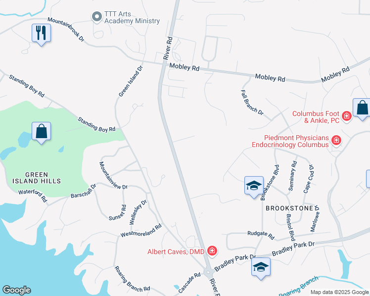map of restaurants, bars, coffee shops, grocery stores, and more near 6848-6850 River Road in Columbus