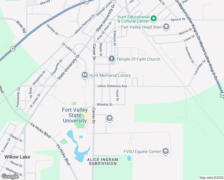 map of restaurants, bars, coffee shops, grocery stores, and more near 305 Julius Simmons Avenue in Fort Valley