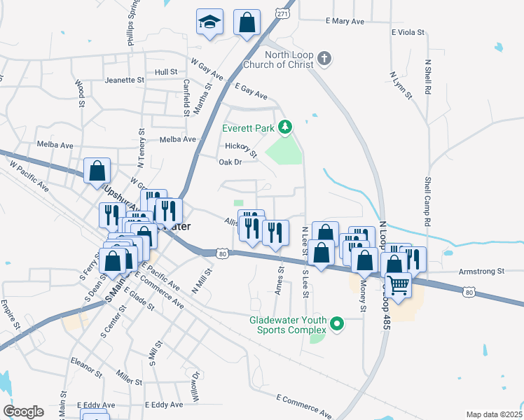 map of restaurants, bars, coffee shops, grocery stores, and more near 604 Daniels Street in Gladewater