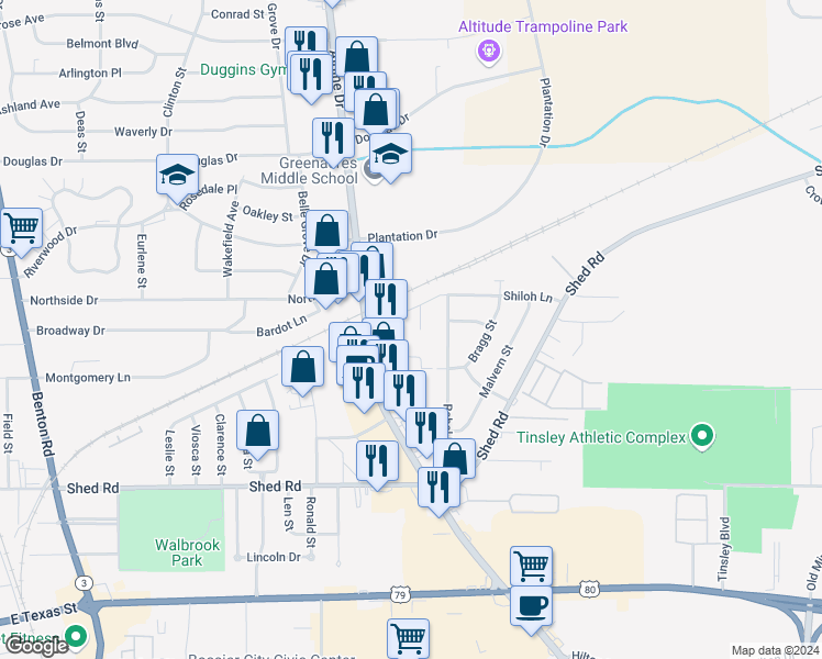 map of restaurants, bars, coffee shops, grocery stores, and more near 2968 Jeston Circle in Bossier City