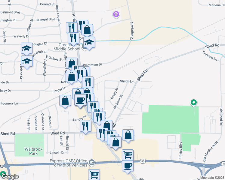 map of restaurants, bars, coffee shops, grocery stores, and more near 3009 Gaines Street in Bossier City