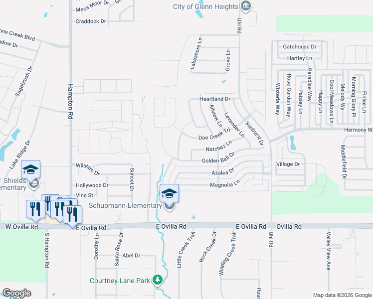 map of restaurants, bars, coffee shops, grocery stores, and more near 500 Golden Bell Drive in Glenn Heights
