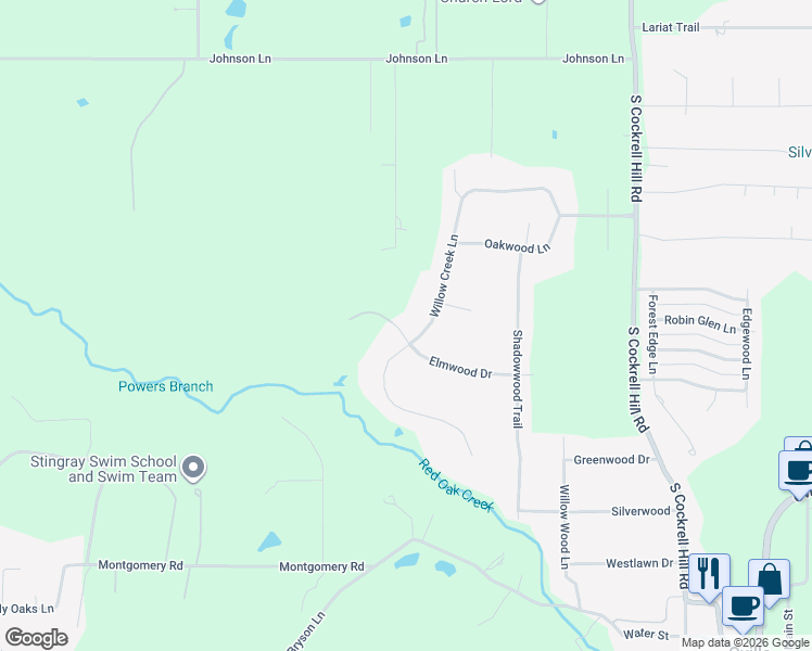 map of restaurants, bars, coffee shops, grocery stores, and more near 214 Willow Creek Lane in Red Oak