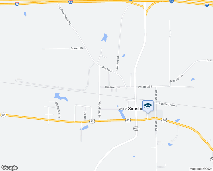 map of restaurants, bars, coffee shops, grocery stores, and more near 156 Louisa Street in Simsboro