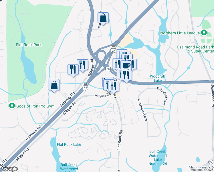 map of restaurants, bars, coffee shops, grocery stores, and more near 6425 Flat Rock Road in Columbus