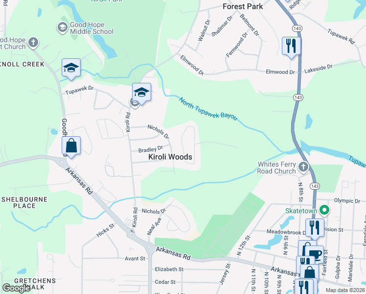 map of restaurants, bars, coffee shops, grocery stores, and more near Duncan Circle in West Monroe