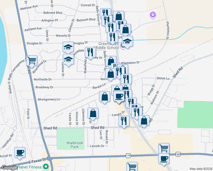 map of restaurants, bars, coffee shops, grocery stores, and more near 2632 Bardot Lane in Bossier City
