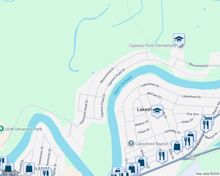 map of restaurants, bars, coffee shops, grocery stores, and more near 6412 Cypress Point Dr in Monroe