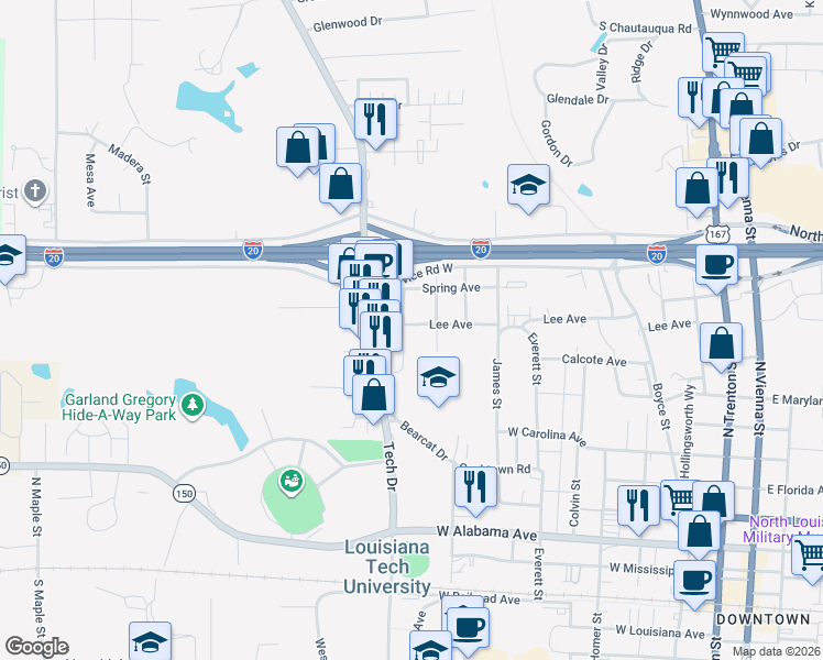 map of restaurants, bars, coffee shops, grocery stores, and more near 1001 Arnold Street in Ruston