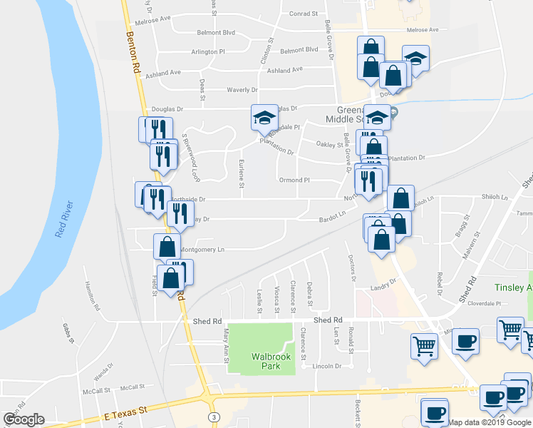 map of restaurants, bars, coffee shops, grocery stores, and more near 2537 Broadway Drive in Bossier City