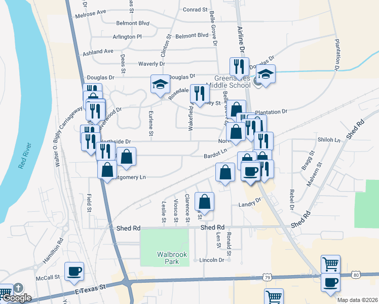 map of restaurants, bars, coffee shops, grocery stores, and more near 2575 Broadway Drive in Bossier City
