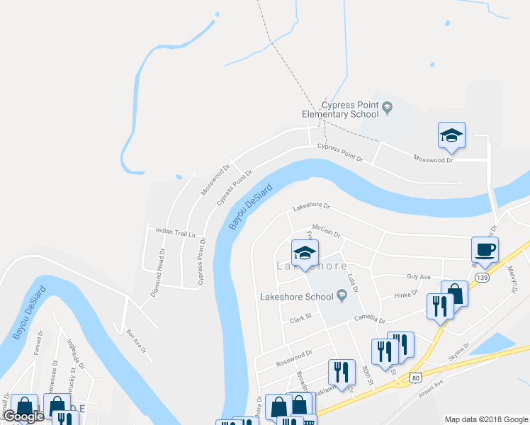 map of restaurants, bars, coffee shops, grocery stores, and more near 531 Lakeshore Drive in Monroe