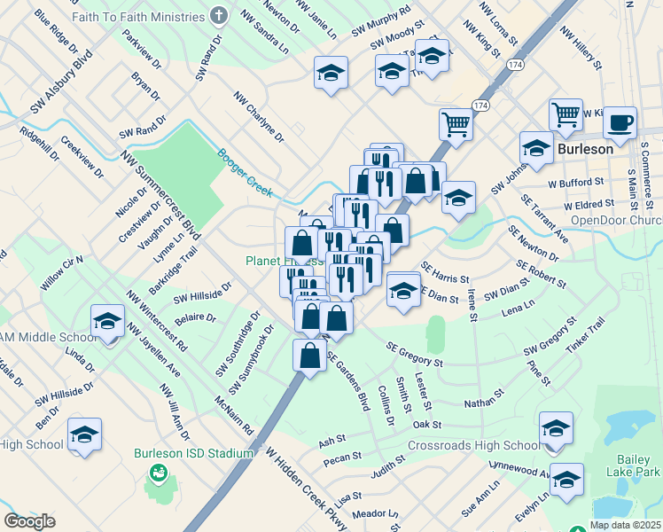 map of restaurants, bars, coffee shops, grocery stores, and more near 217 Market St in Burleson