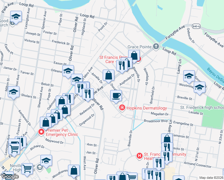 map of restaurants, bars, coffee shops, grocery stores, and more near 2404 Duval Drive in Monroe