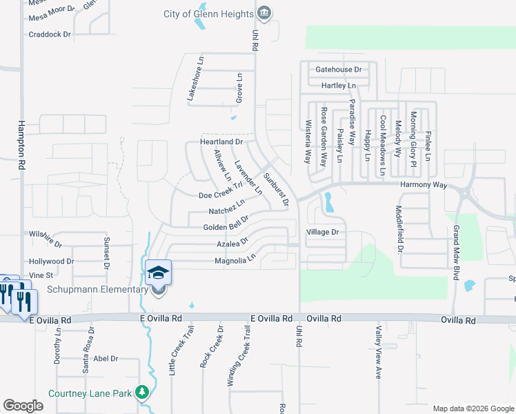 map of restaurants, bars, coffee shops, grocery stores, and more near 2626 Lavender Lane in Glenn Heights