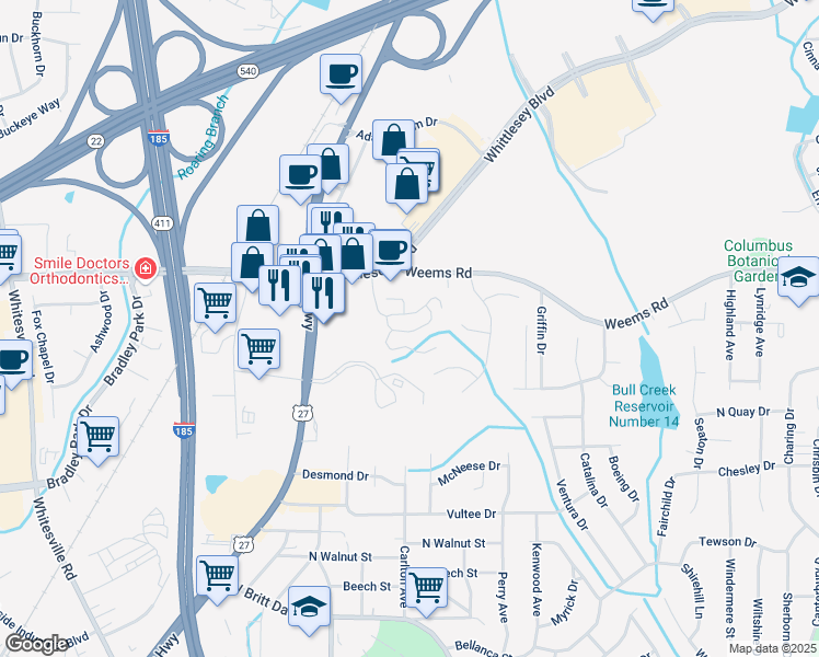 map of restaurants, bars, coffee shops, grocery stores, and more near 6400 Main Street in Columbus