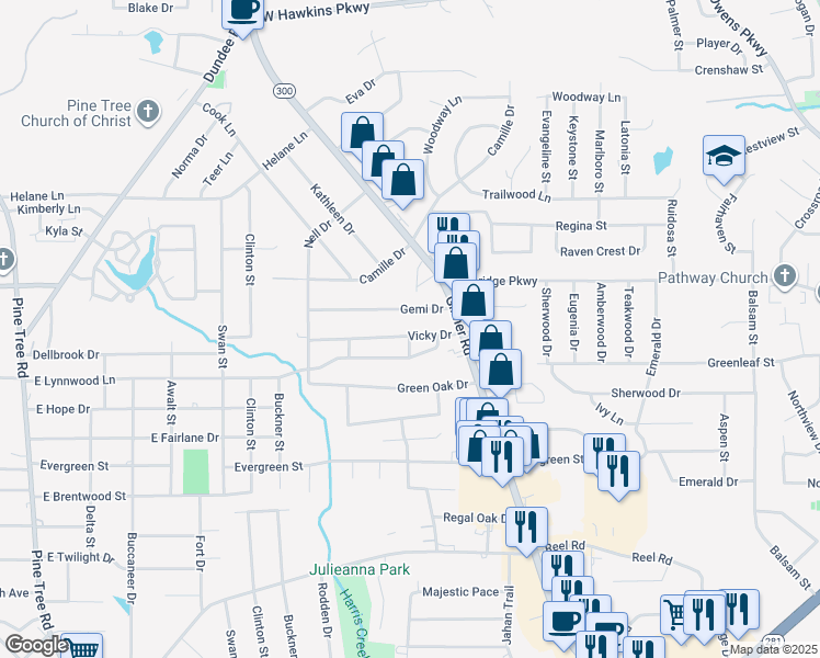 map of restaurants, bars, coffee shops, grocery stores, and more near 710 Gemi Drive in Longview