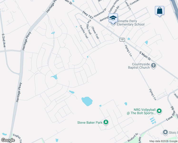 map of restaurants, bars, coffee shops, grocery stores, and more near 1100 Thicket Drive in Mansfield