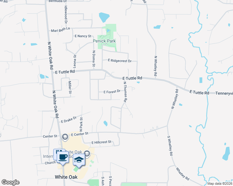 map of restaurants, bars, coffee shops, grocery stores, and more near 404 East Forest Drive in White Oak
