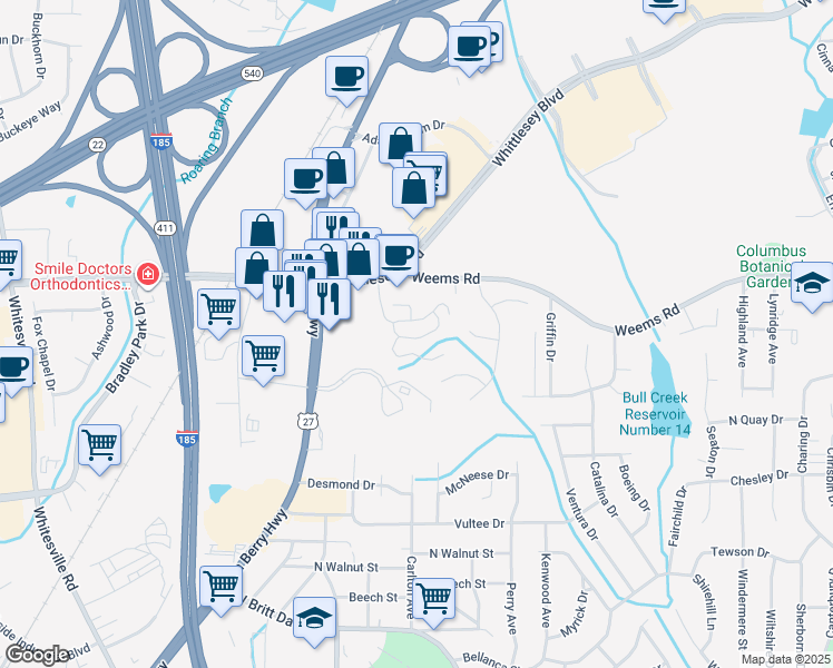 map of restaurants, bars, coffee shops, grocery stores, and more near 6400 Main Street in Columbus