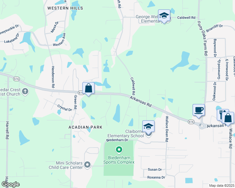 map of restaurants, bars, coffee shops, grocery stores, and more near 2929 Arkansas Road in West Monroe