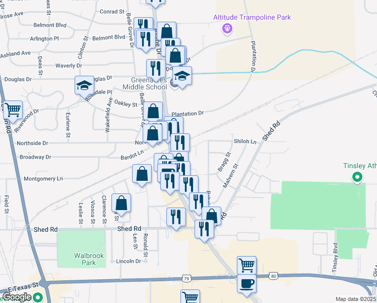 map of restaurants, bars, coffee shops, grocery stores, and more near 1880 Shiloh Lane in Bossier City