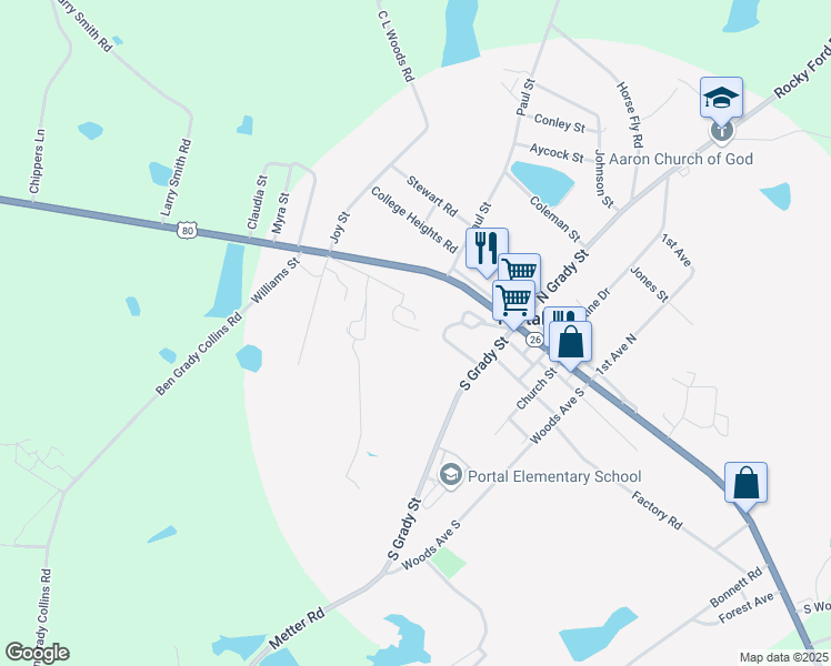 map of restaurants, bars, coffee shops, grocery stores, and more near 27245 U.S. 80 in Portal