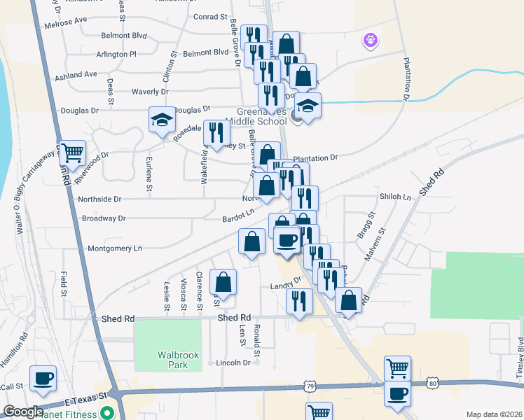 map of restaurants, bars, coffee shops, grocery stores, and more near 2632 Bardot Lane in Bossier City
