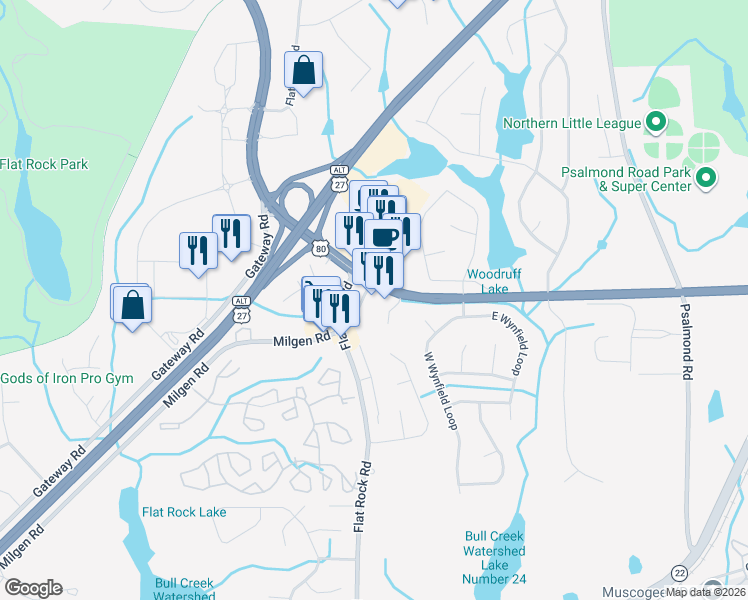 map of restaurants, bars, coffee shops, grocery stores, and more near 6490 Milgen Rd in Columbus
