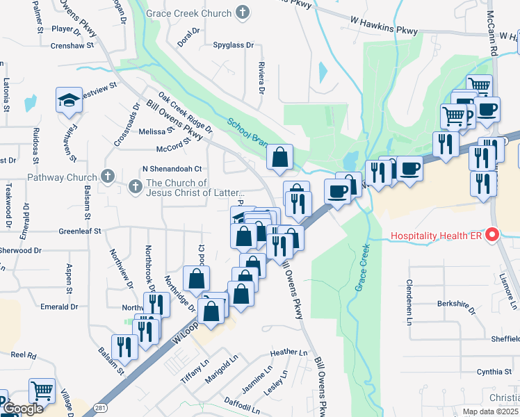 map of restaurants, bars, coffee shops, grocery stores, and more near 2801 Bill Owens Parkway in Longview