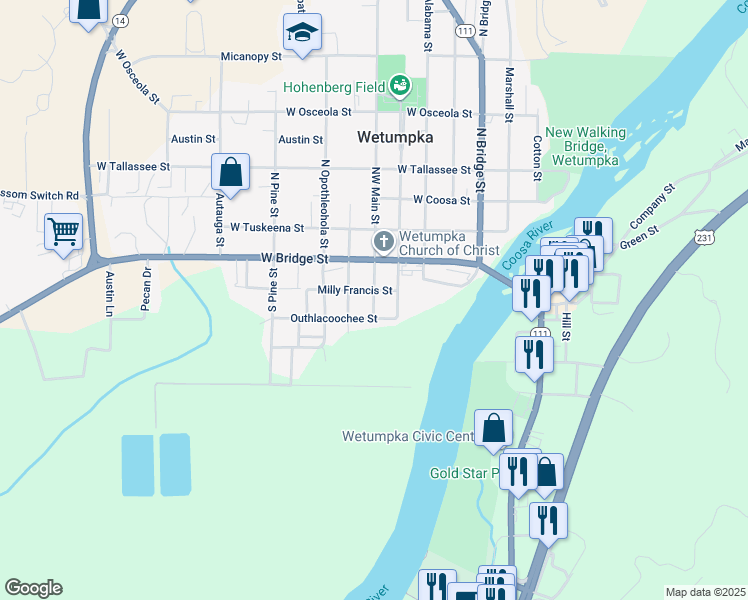 map of restaurants, bars, coffee shops, grocery stores, and more near 206 Southwest Main Street in Wetumpka