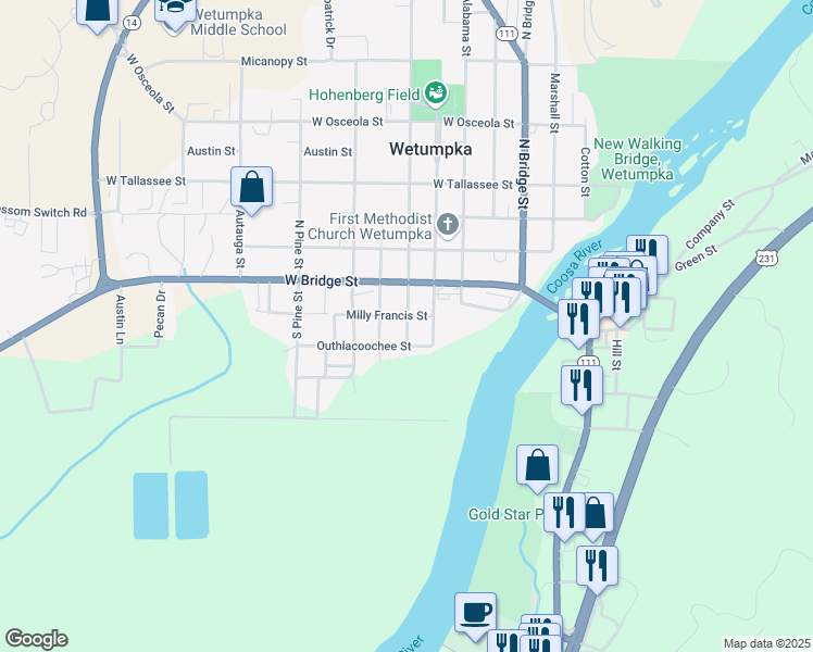 map of restaurants, bars, coffee shops, grocery stores, and more near 206 Southwest Main Street in Wetumpka