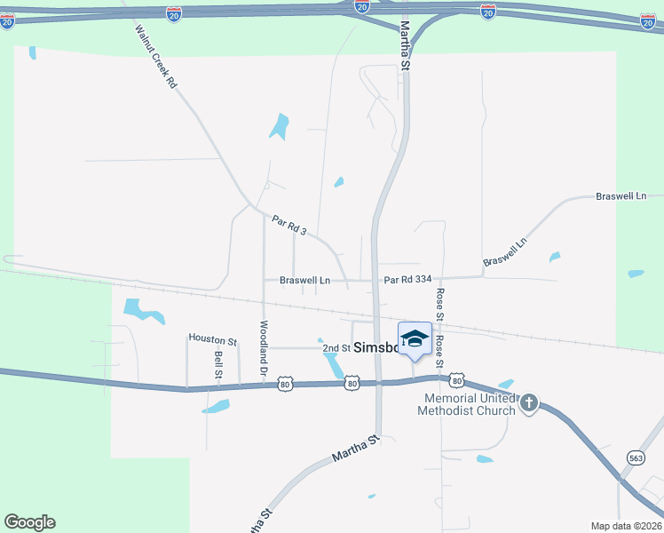 map of restaurants, bars, coffee shops, grocery stores, and more near 107-111 Walnut Creek Rd in Simsboro