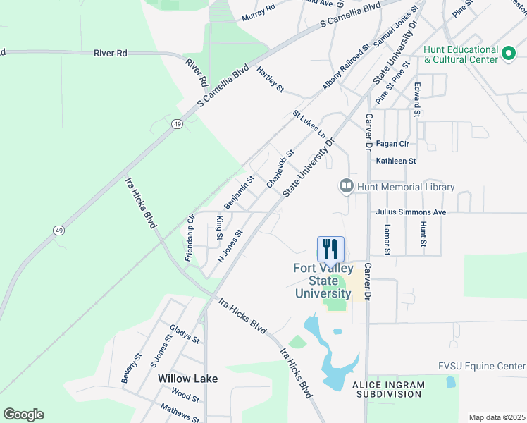 map of restaurants, bars, coffee shops, grocery stores, and more near 30 Friendship Circle in Fort Valley