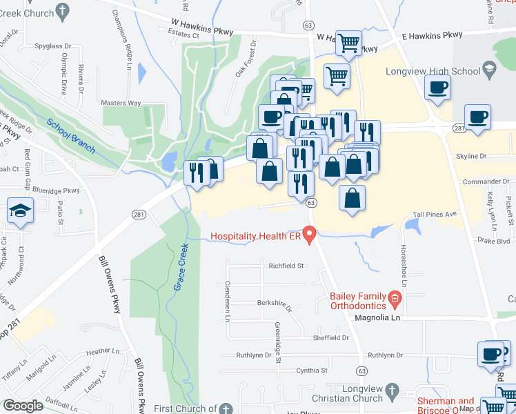 map of restaurants, bars, coffee shops, grocery stores, and more near 499 Forest Square in Longview