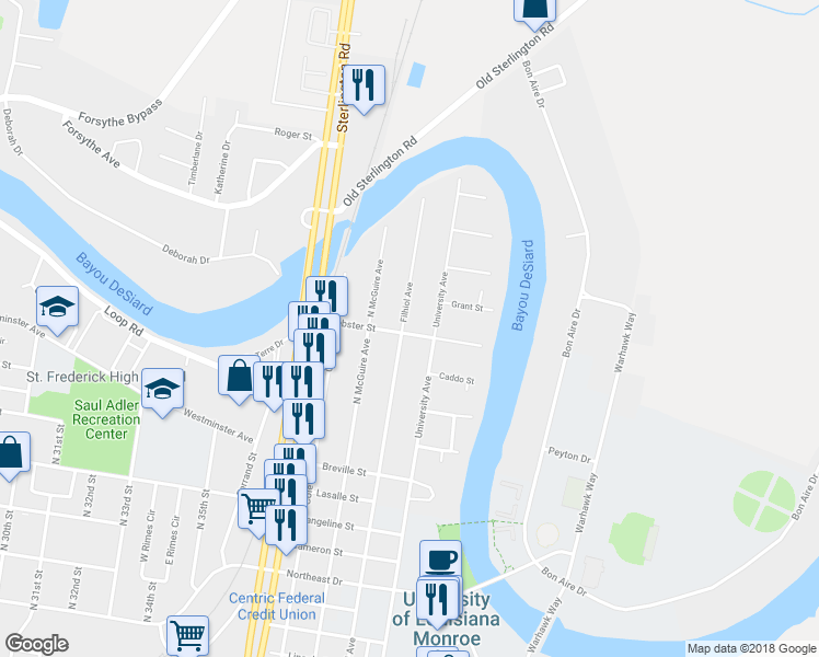 map of restaurants, bars, coffee shops, grocery stores, and more near 4003 Webster Street in Monroe