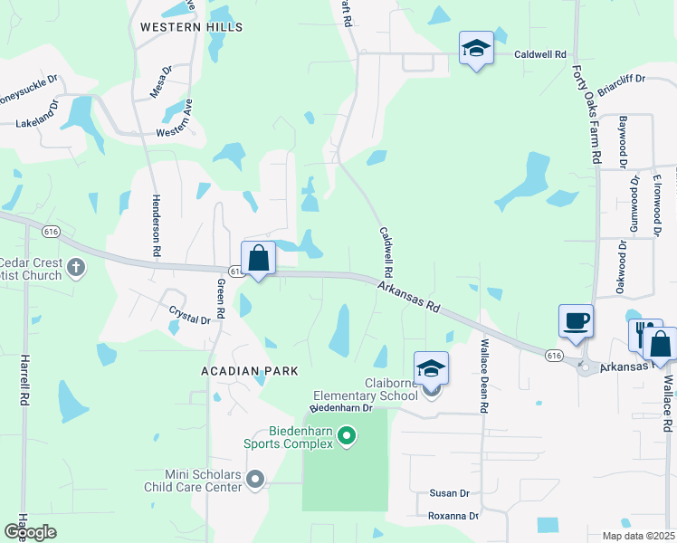 map of restaurants, bars, coffee shops, grocery stores, and more near 3100 Arkansas Road in West Monroe
