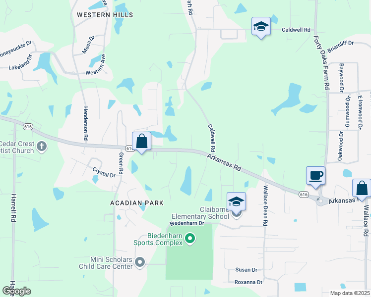 map of restaurants, bars, coffee shops, grocery stores, and more near 3100 Arkansas Road in West Monroe